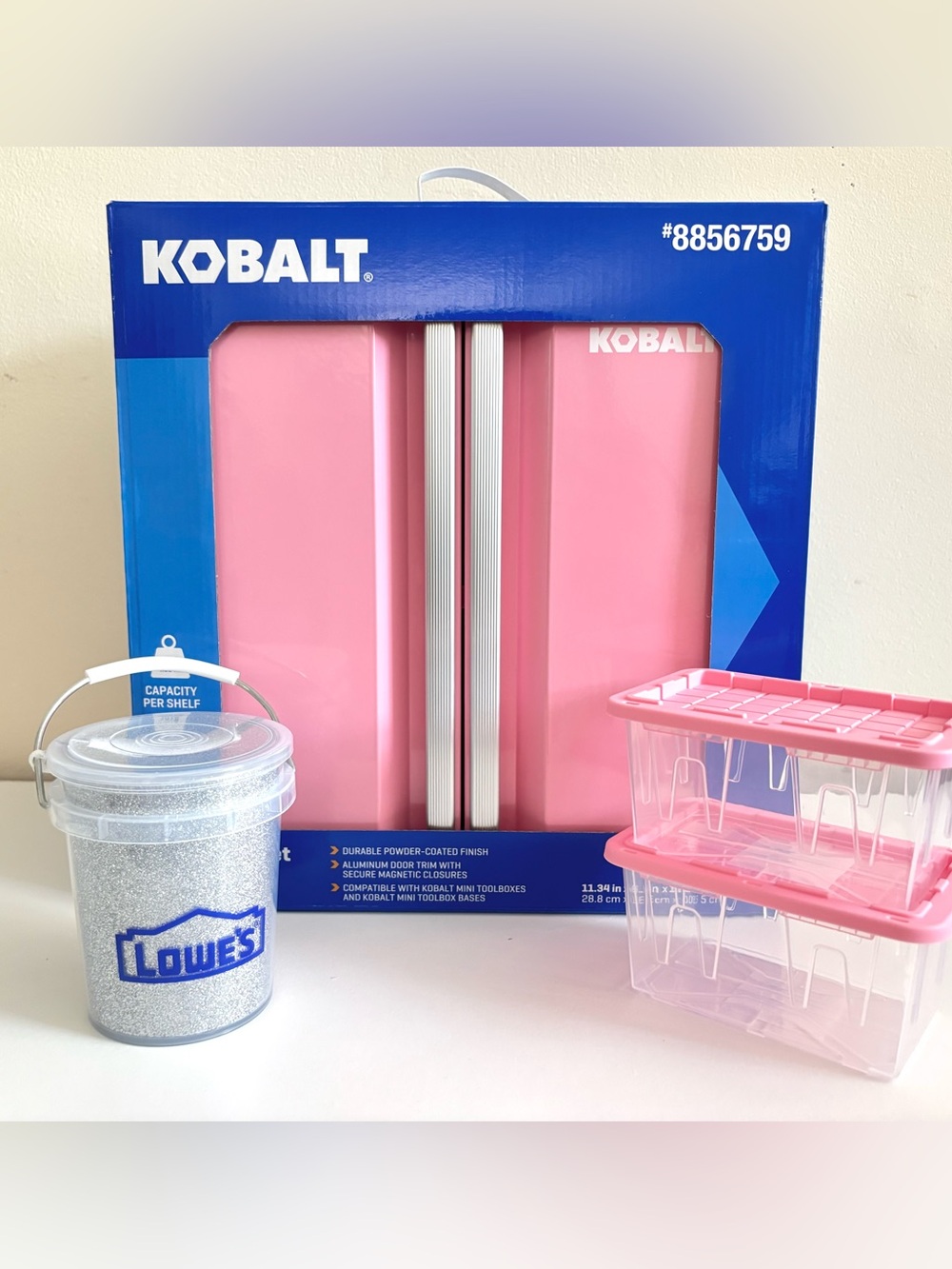 Kobalt Pink Mini Cabinet Tool Box 8856759 + Glitter Mini Bucket 2 Pink Totes NEW